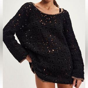 Free People Rue Crochet Tunic Sweater in Black Combo NWOT